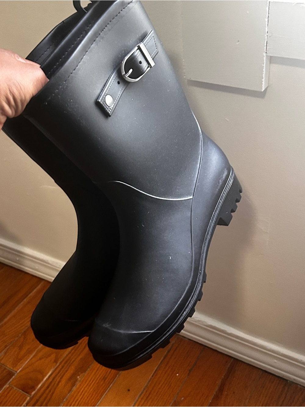 Women's Black Rubber Rain Boots with Buckle - Classic Waterproof Style